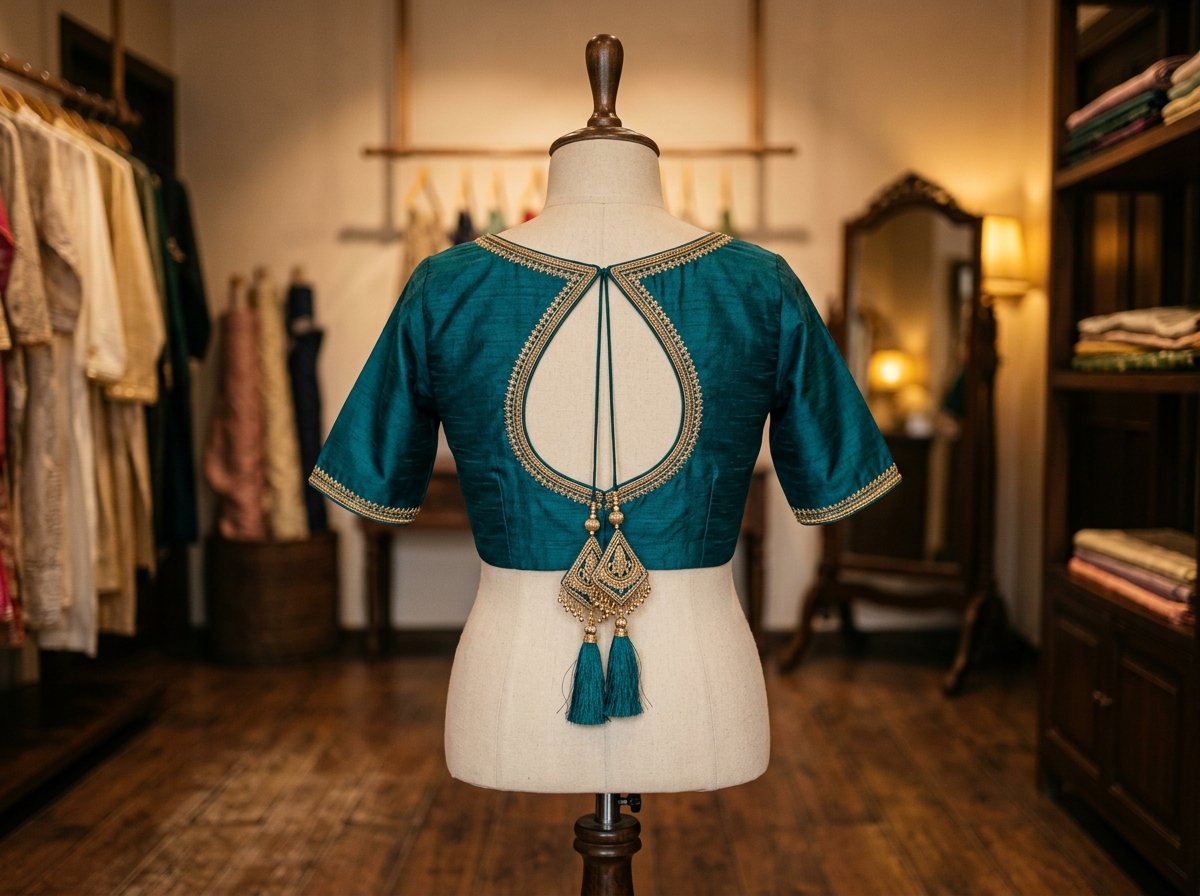 Designer blouse stitching with teardrop back cutout and elegant latkans
