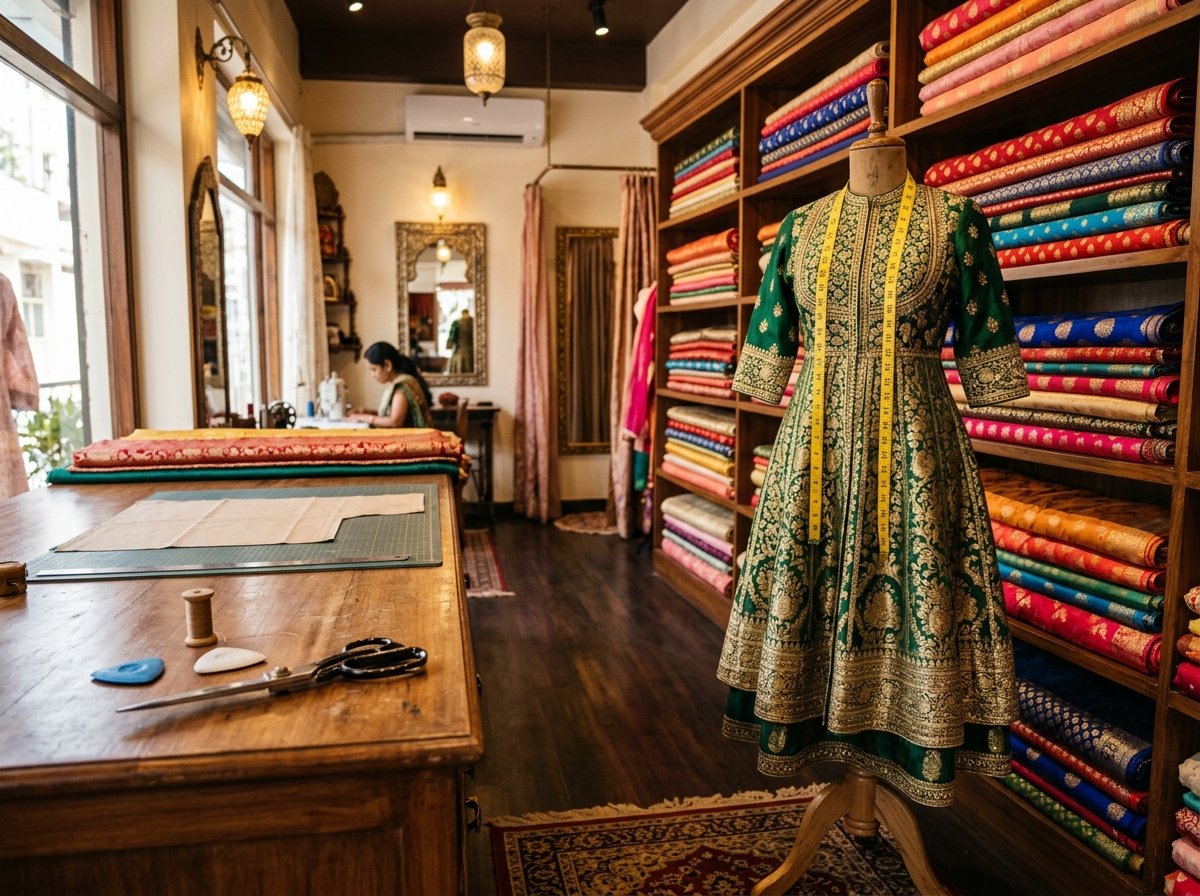Custom tailoring studio with ethnic designer outfit on mannequin and fabrics