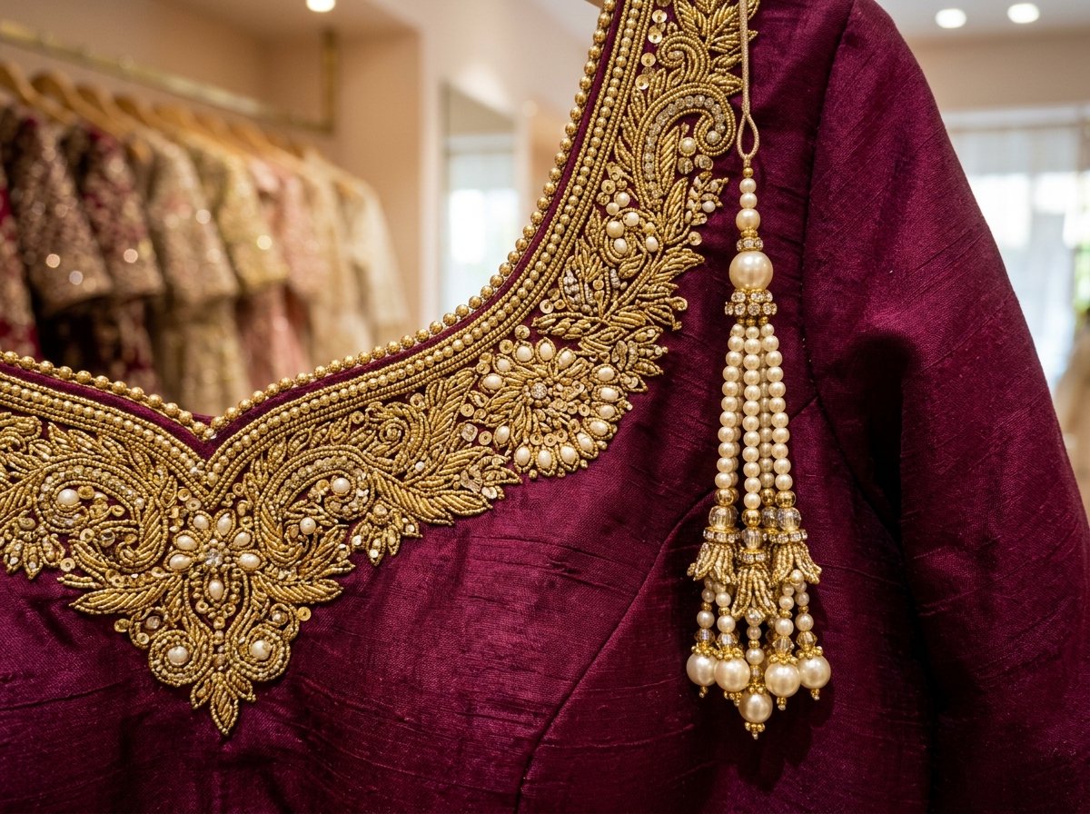 Detailed view of blouse neckline border, gold zardozi piping, and handcrafted pearl tassel latkan