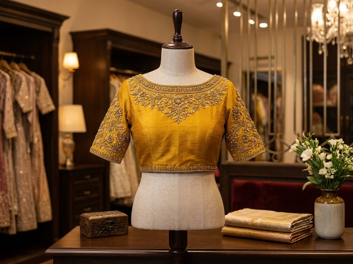 Mustard silk designer boat neck blouse with golden neck and sleeve embroidery